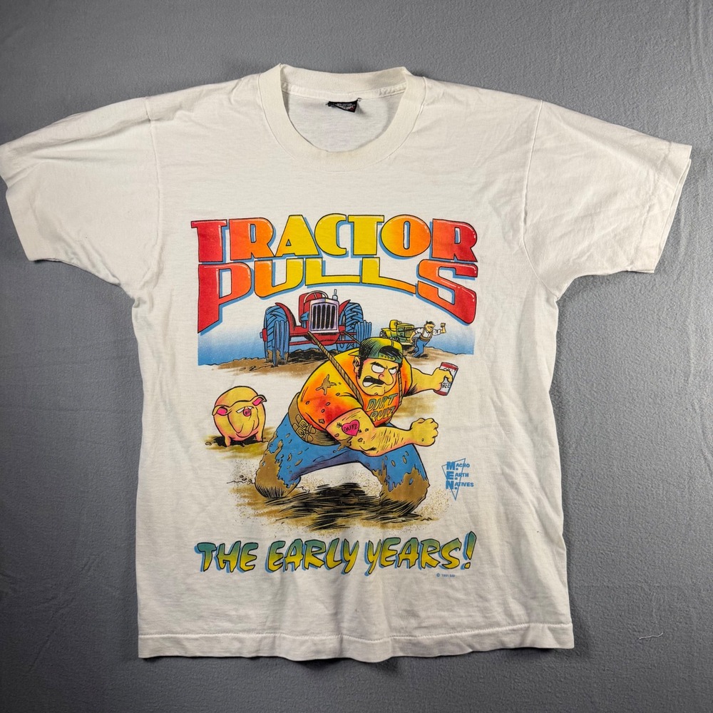 Vintage 1991 Screen Stars Tractor Pulls The Early Years White T-Shirt Mens L USA